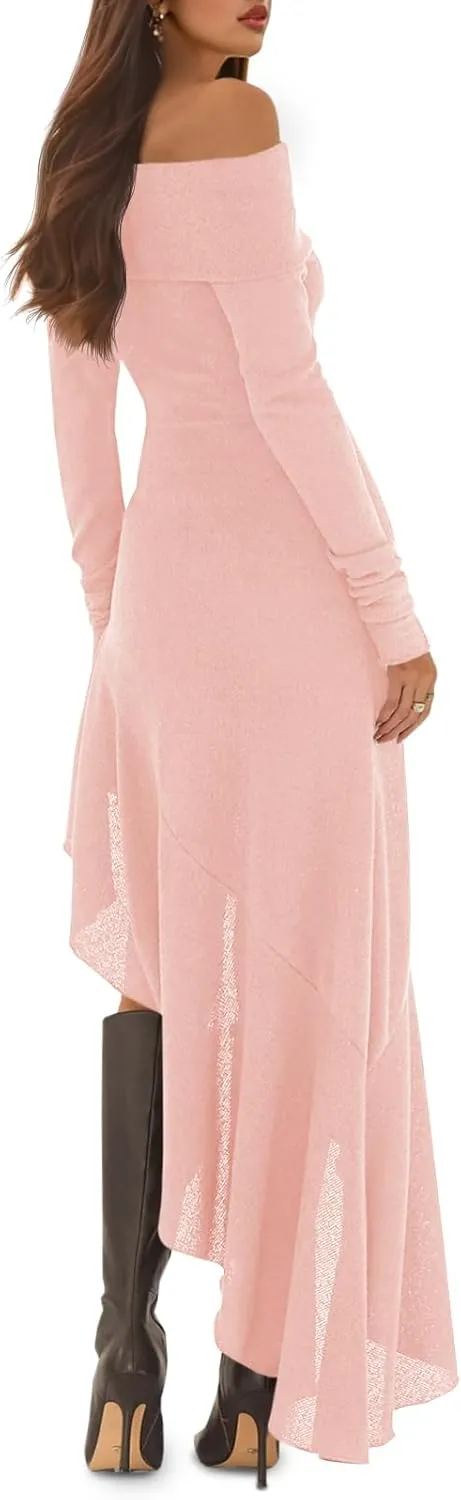 Fisoew Women's Off The Shoulder Long Sleeve Maxi Dress Fall Casual Ruffle Irregular Hem Wedding Guest Dresses