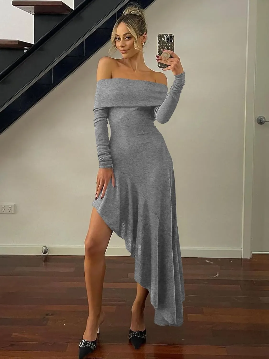 Fisoew Women's Off The Shoulder Long Sleeve Maxi Dress Fall Casual Ruffle Irregular Hem Wedding Guest Dresses