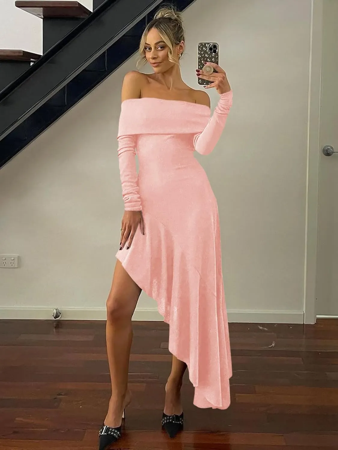 Fisoew Women's Off The Shoulder Long Sleeve Maxi Dress Fall Casual Ruffle Irregular Hem Wedding Guest Dresses