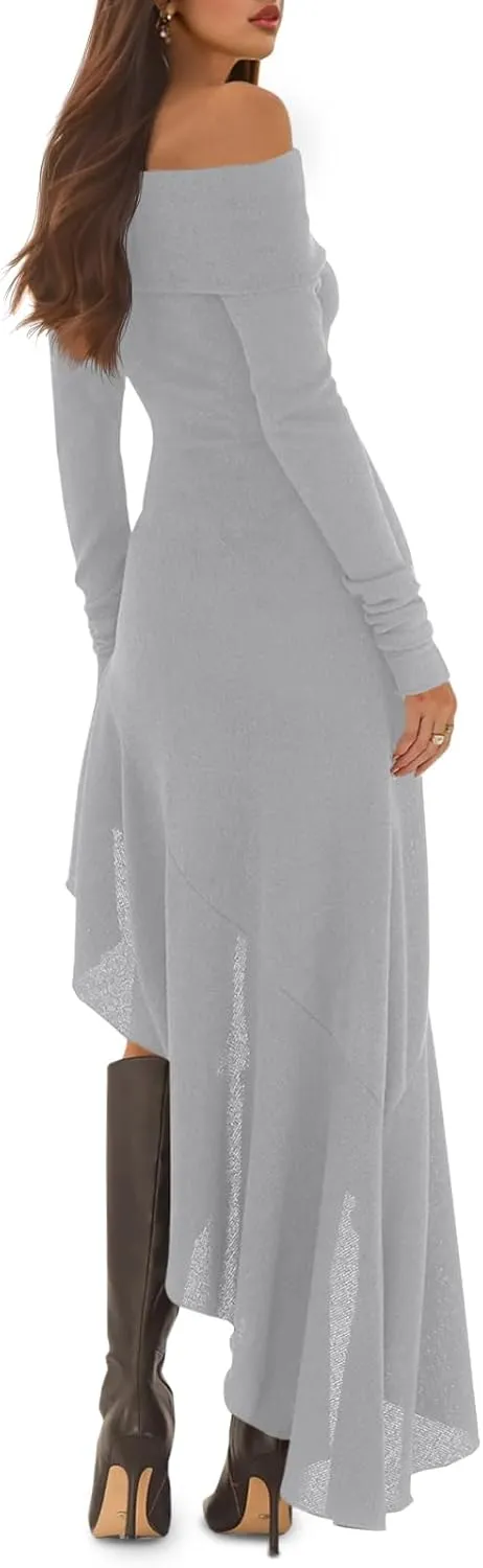 Fisoew Women's Off The Shoulder Long Sleeve Maxi Dress Fall Casual Ruffle Irregular Hem Wedding Guest Dresses