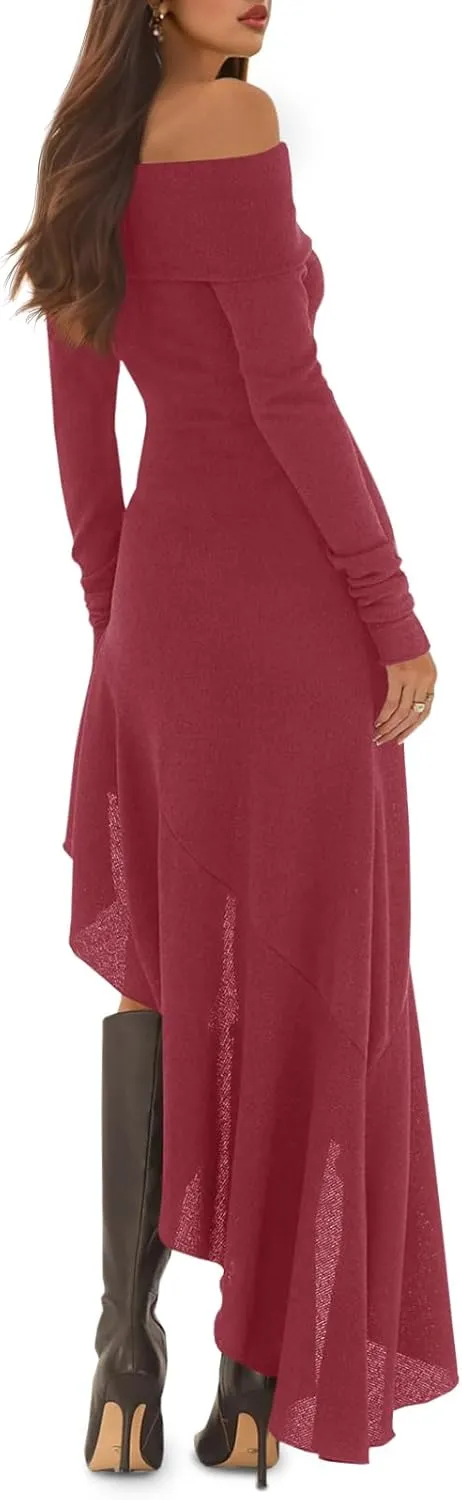 Fisoew Women's Off The Shoulder Long Sleeve Maxi Dress Fall Casual Ruffle Irregular Hem Wedding Guest Dresses