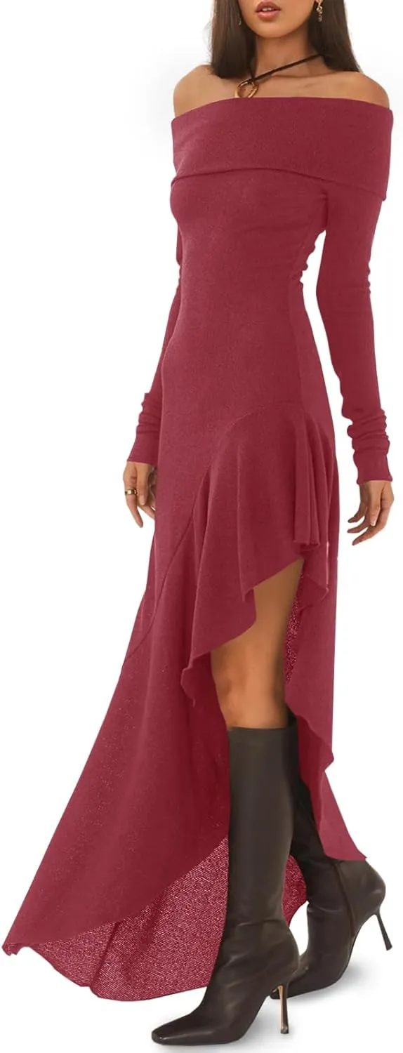 Fisoew Women's Off The Shoulder Long Sleeve Maxi Dress Fall Casual Ruffle Irregular Hem Wedding Guest Dresses