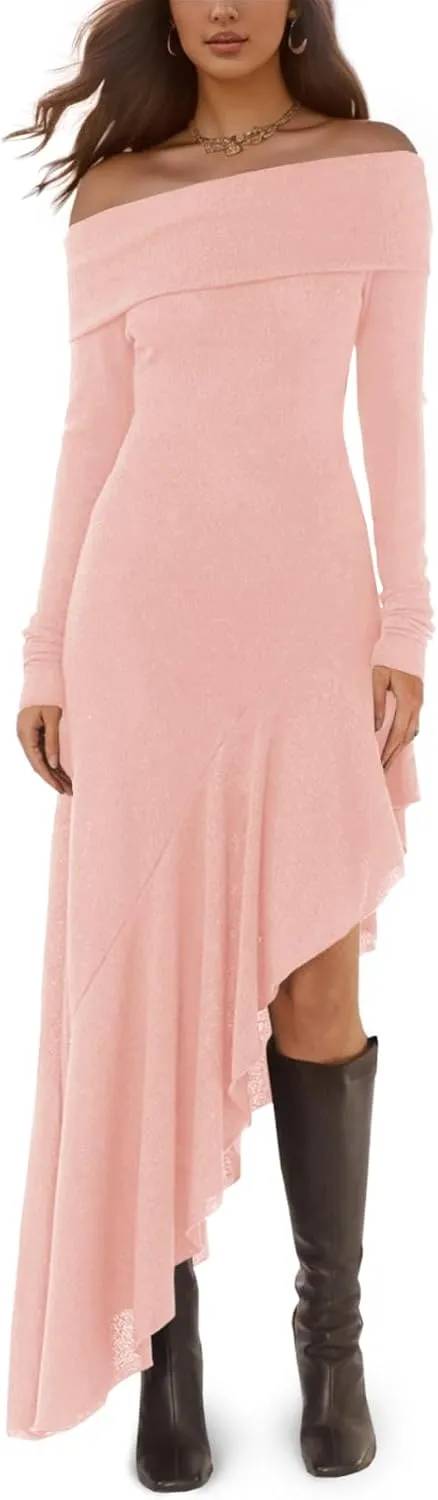 Fisoew Women's Off The Shoulder Long Sleeve Maxi Dress Fall Casual Ruffle Irregular Hem Wedding Guest Dresses