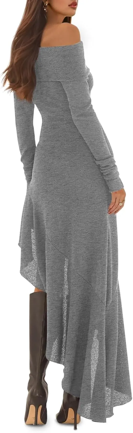 Fisoew Women's Off The Shoulder Long Sleeve Maxi Dress Fall Casual Ruffle Irregular Hem Wedding Guest Dresses