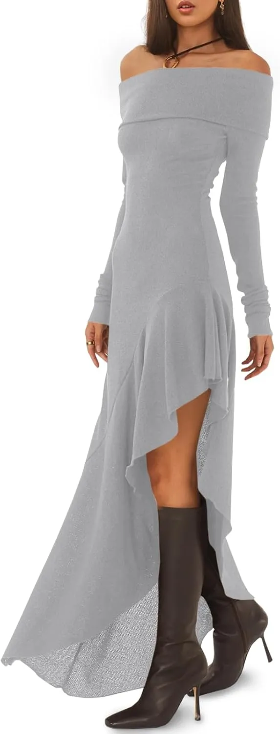 Fisoew Women's Off The Shoulder Long Sleeve Maxi Dress Fall Casual Ruffle Irregular Hem Wedding Guest Dresses