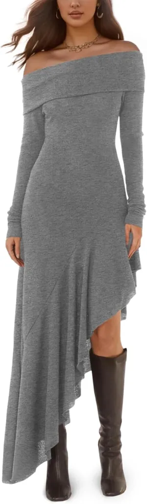 Fisoew Women's Off The Shoulder Long Sleeve Maxi Dress Fall Casual Ruffle Irregular Hem Wedding Guest Dresses