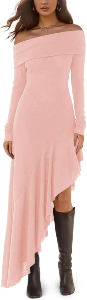 Fisoew Women's Off The Shoulder Long Sleeve Maxi Dress Fall Casual Ruffle Irregular Hem Wedding Guest Dresses