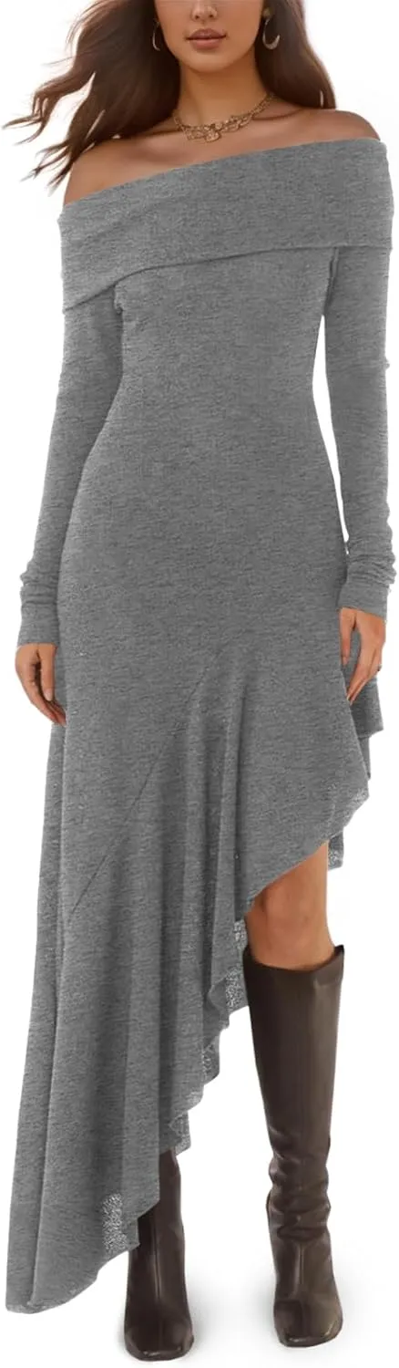 Fisoew Women's Off The Shoulder Long Sleeve Maxi Dress Fall Casual Ruffle Irregular Hem Wedding Guest Dresses