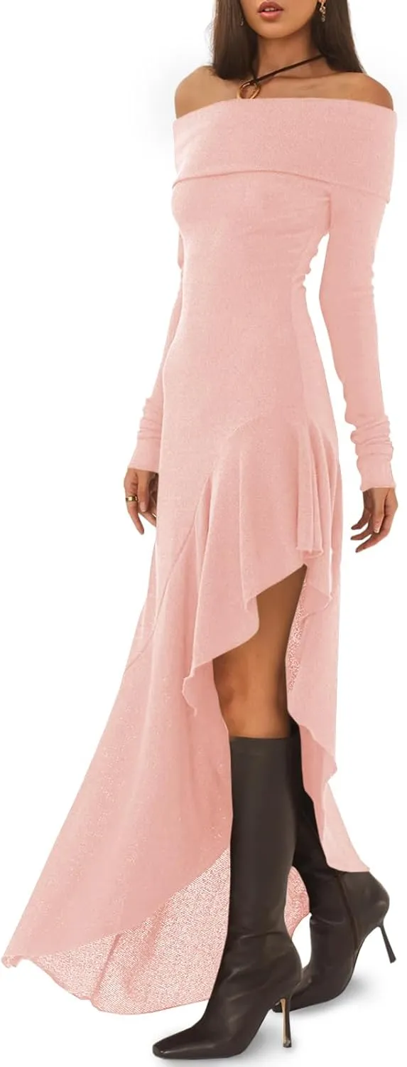 Fisoew Women's Off The Shoulder Long Sleeve Maxi Dress Fall Casual Ruffle Irregular Hem Wedding Guest Dresses
