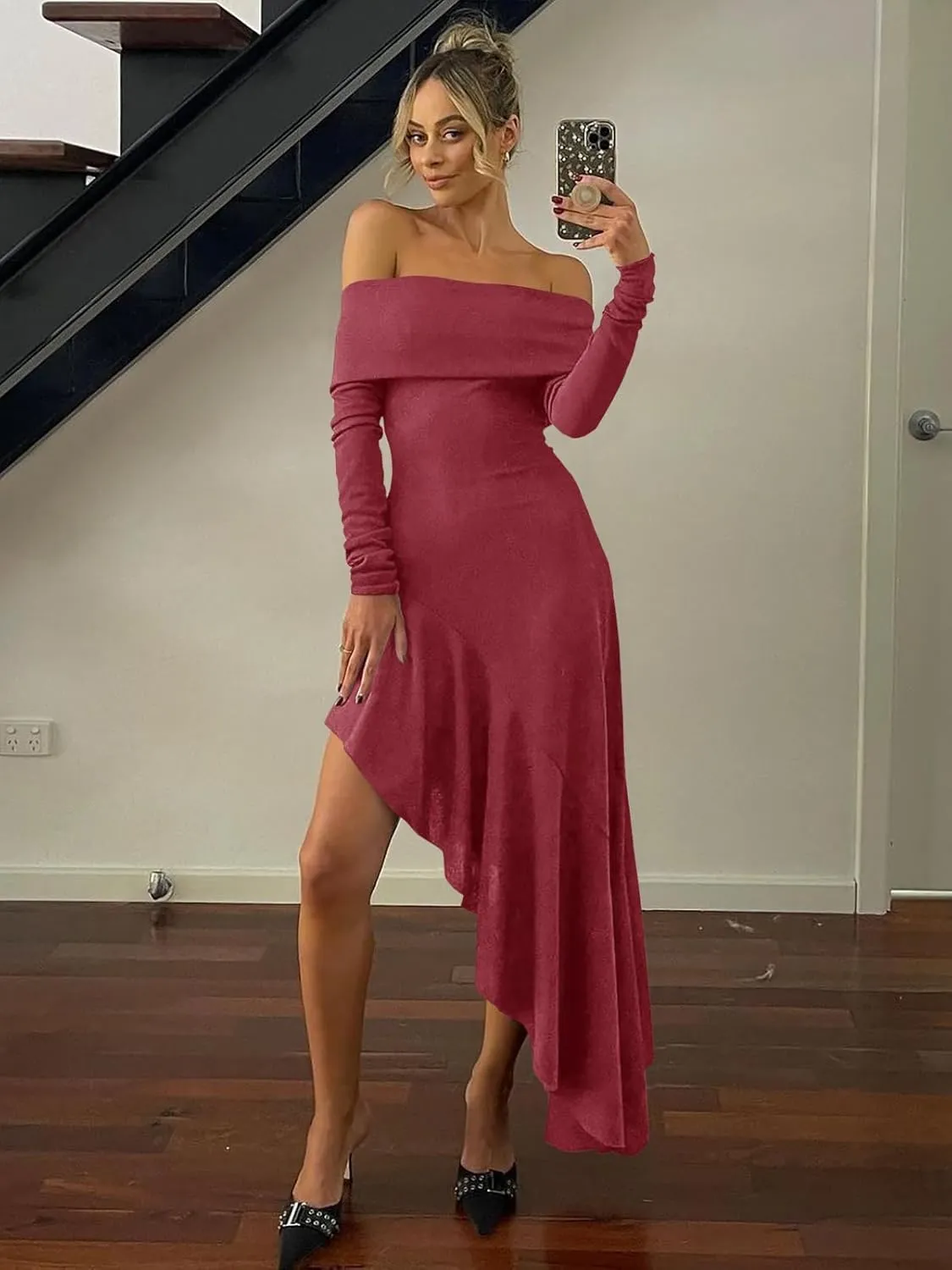 Fisoew Women's Off The Shoulder Long Sleeve Maxi Dress Fall Casual Ruffle Irregular Hem Wedding Guest Dresses