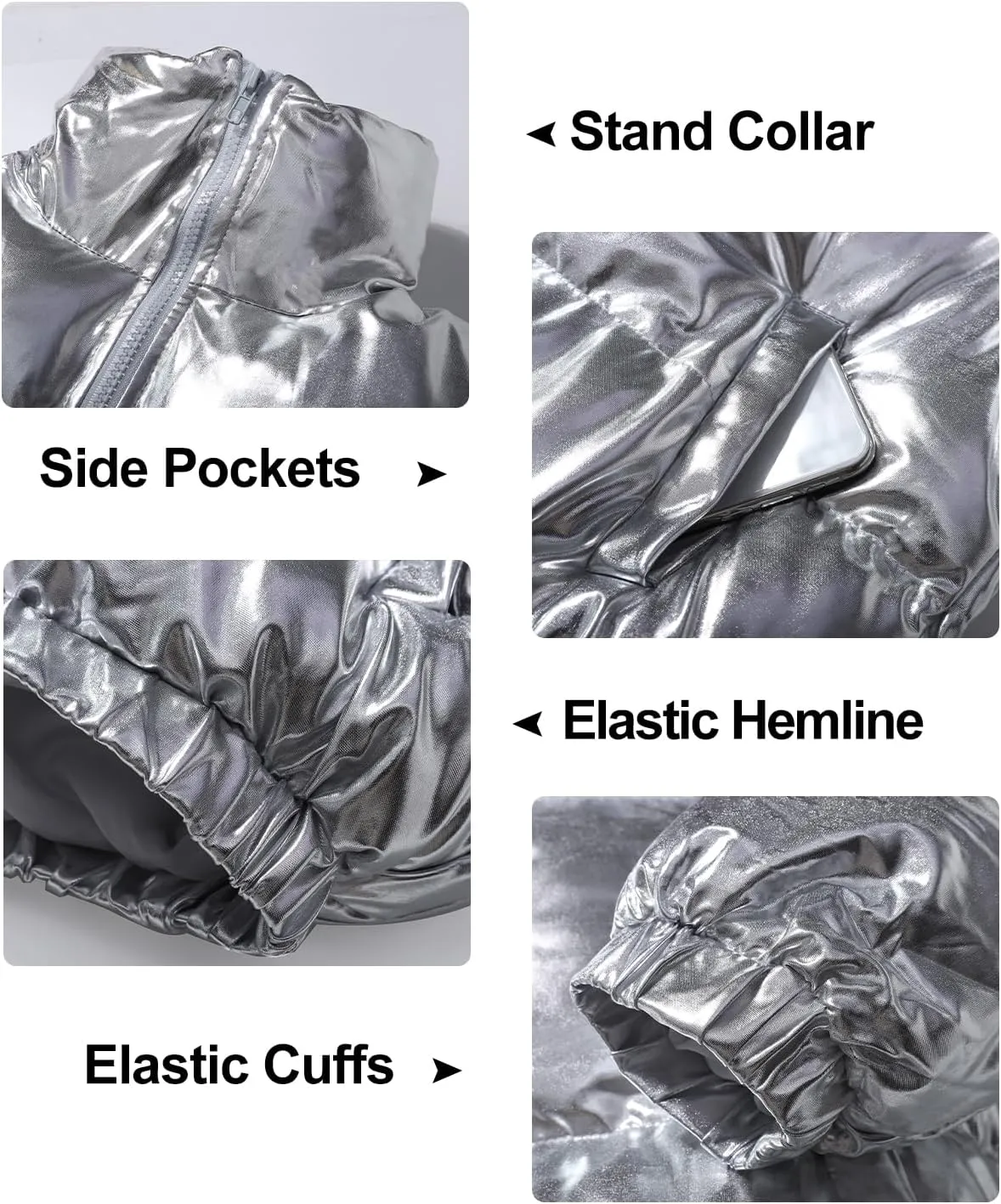 Flygo Women's Metallic Shiny Cropped Quilted Puffer Jacket - Zip Up Padded Down Coat Outerwear