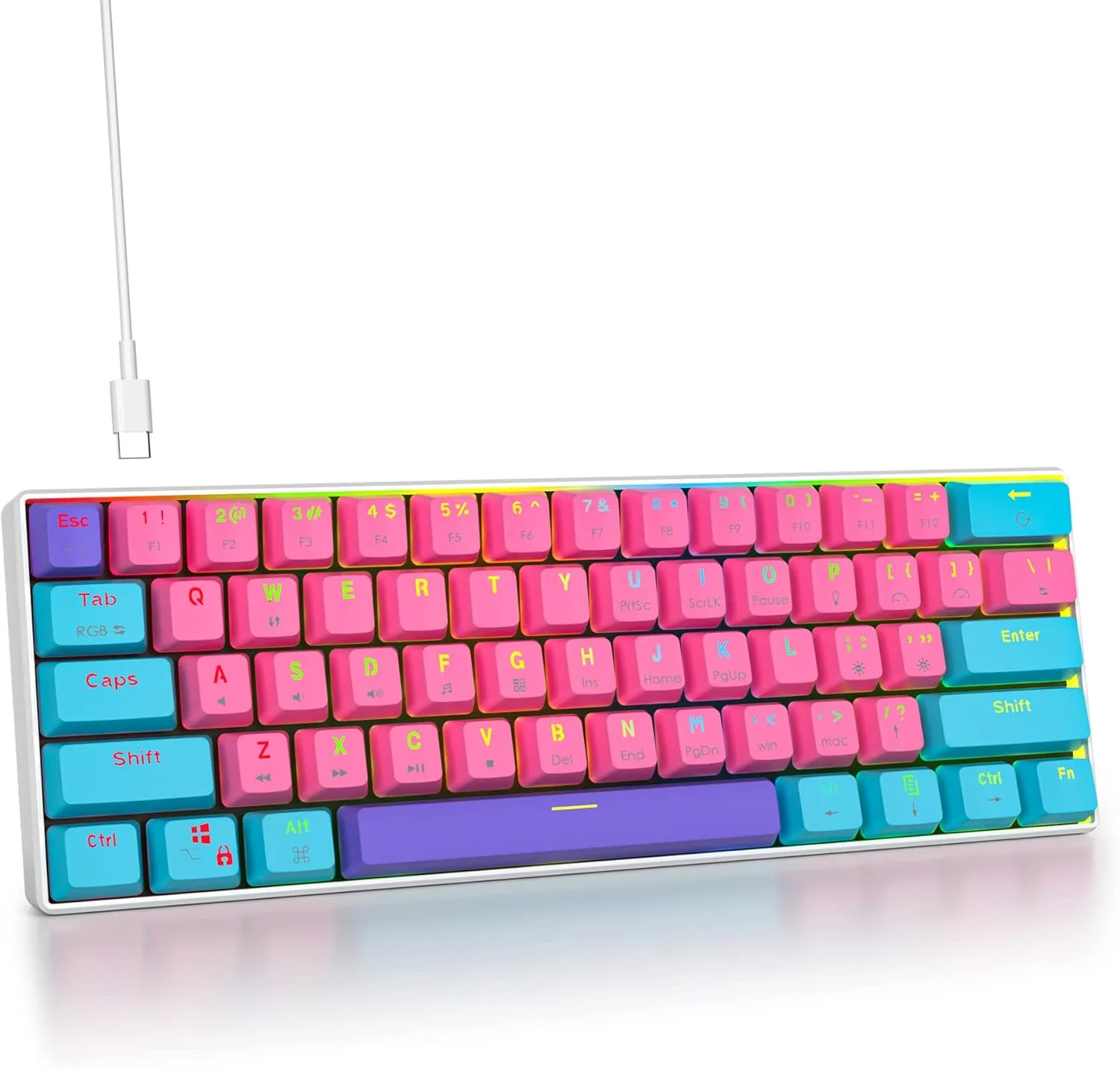 Fogruaden 60% Mechanical Keyboard, 61 Keys Gaming Keyboard, RGB Backlit, Ultra-Compact 60 Percent Wired Keyboard for Win/Mac PC Gamer, Easy to Carry on Trip (Pink, Red Switch)