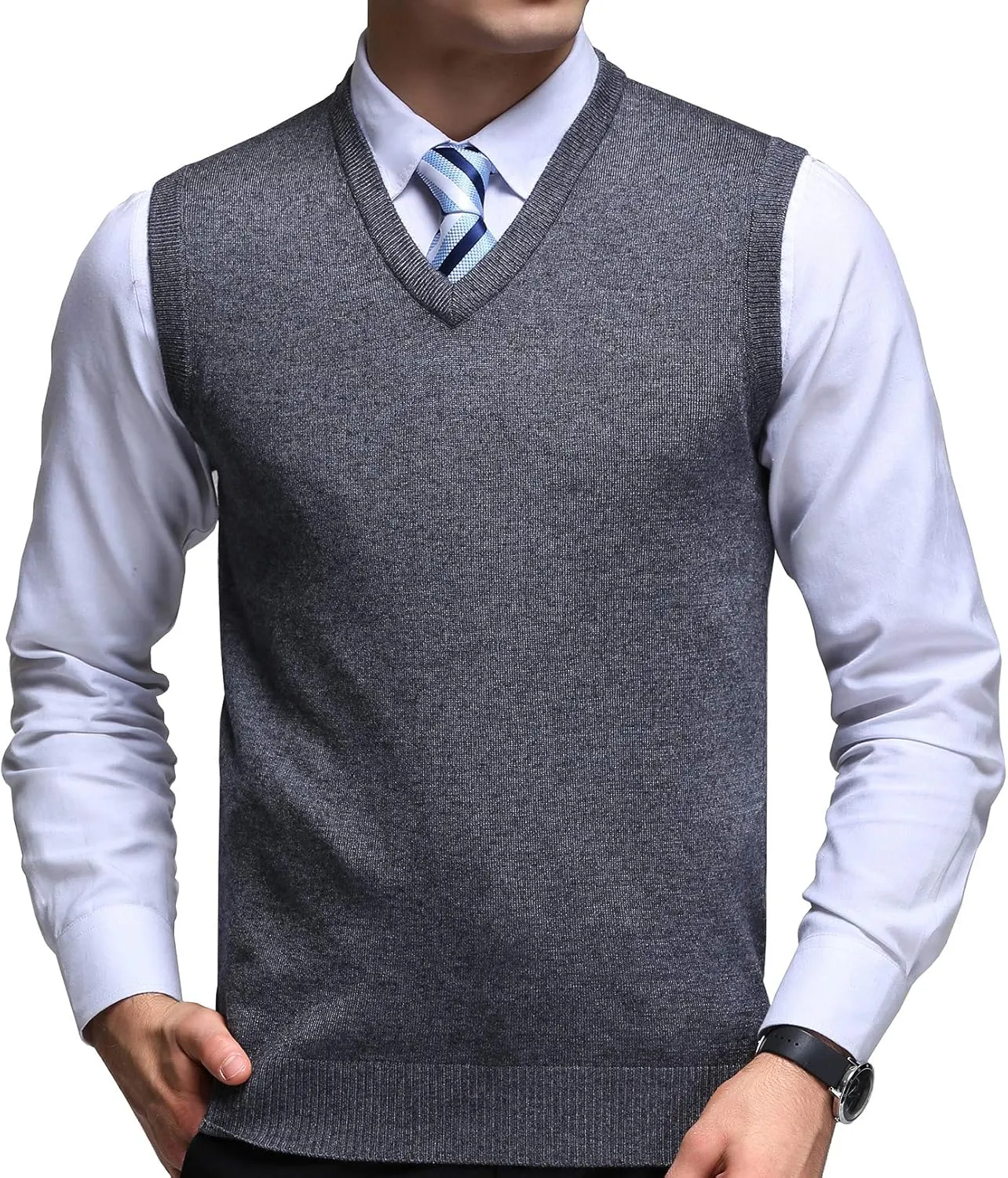 FULIER Men's Cashmere Wool V-Neck Sleeveless Vest Classic Pullover Knitted Waistcoat Sweater Cardigans Tank Tops