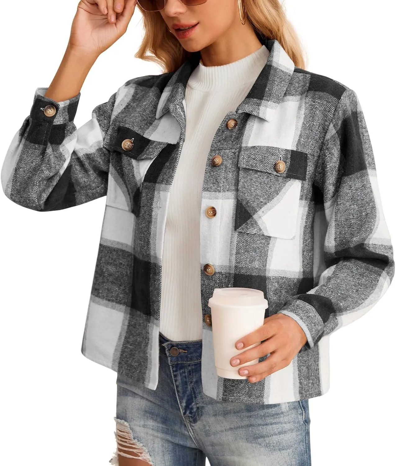 HWOKEFEIYU Women's Cropped Plaid Shacket Jacket Flannel Plaid Shirts Fashion Button Down Shirt 2024 Fall Coat With Pockets