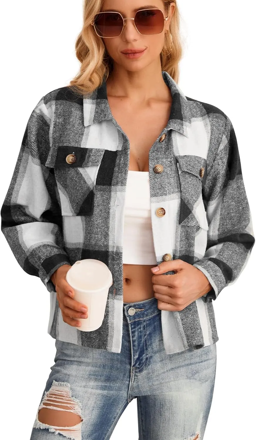 HWOKEFEIYU Women's Cropped Plaid Shacket Jacket Flannel Plaid Shirts Fashion Button Down Shirt 2024 Fall Coat With Pockets