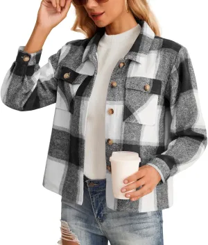 HWOKEFEIYU Women's Cropped Plaid Shacket Jacket Flannel Plaid Shirts Fashion Button Down Shirt 2024 Fall Coat With Pockets