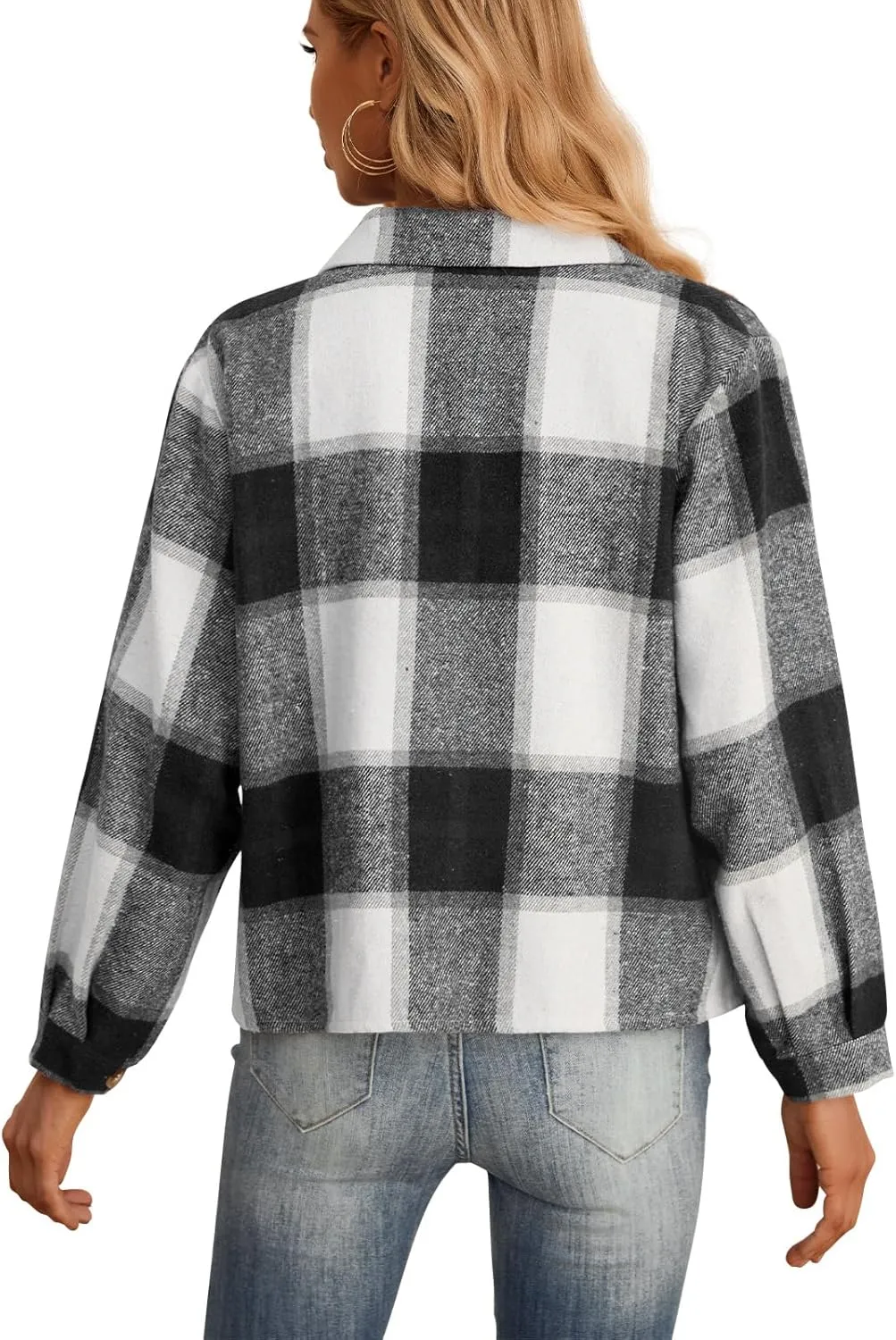 HWOKEFEIYU Women's Cropped Plaid Shacket Jacket Flannel Plaid Shirts Fashion Button Down Shirt 2024 Fall Coat With Pockets
