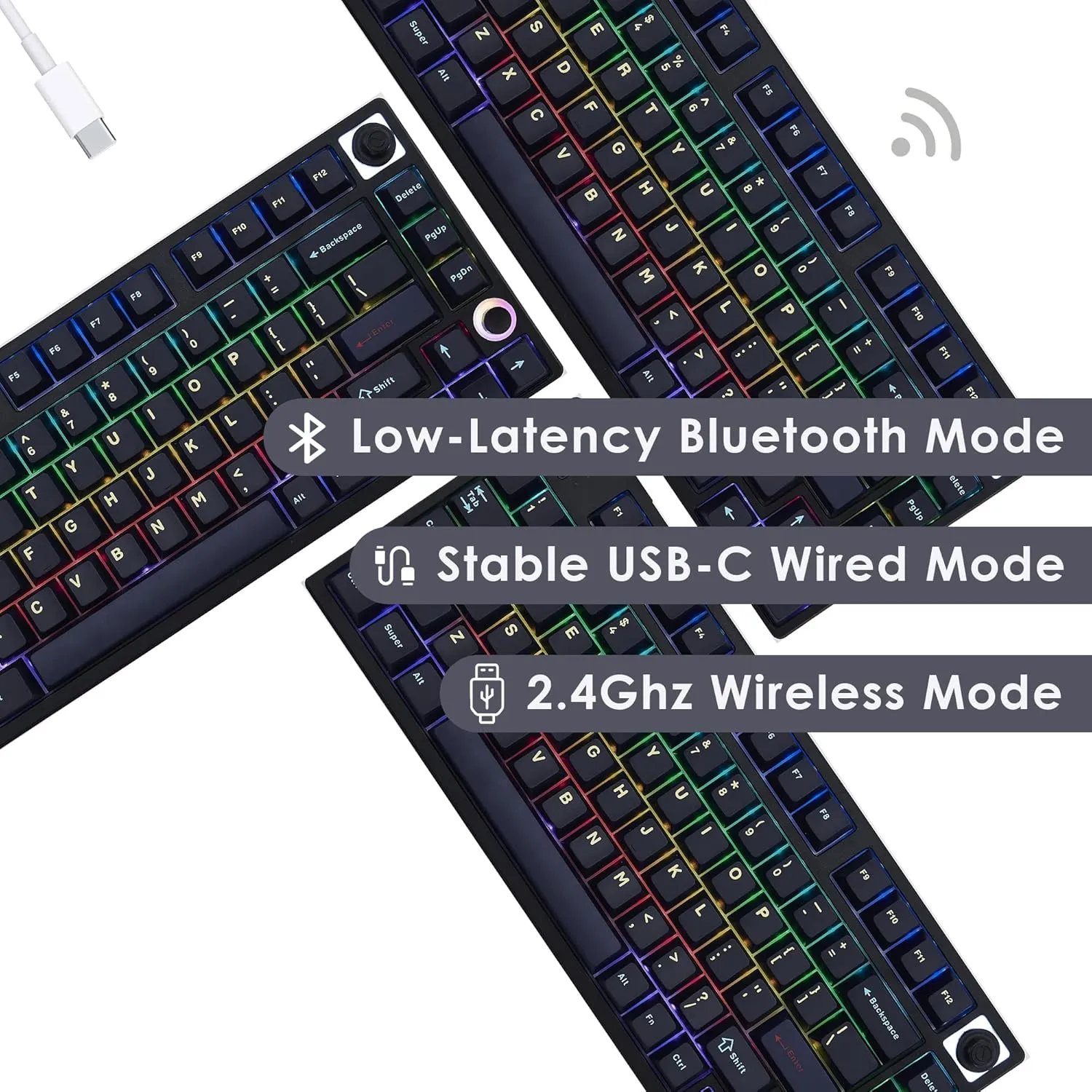 KEYMECHER 75% Mechanical Keyboard, RGB Backlit Hotswap Wireless Keyboard Support Bluetooth, 2.4G and Wire Connection, Mechanical Gaming Keyboard with Ganss Silver Switches, PBT Keycaps and Volume Knob