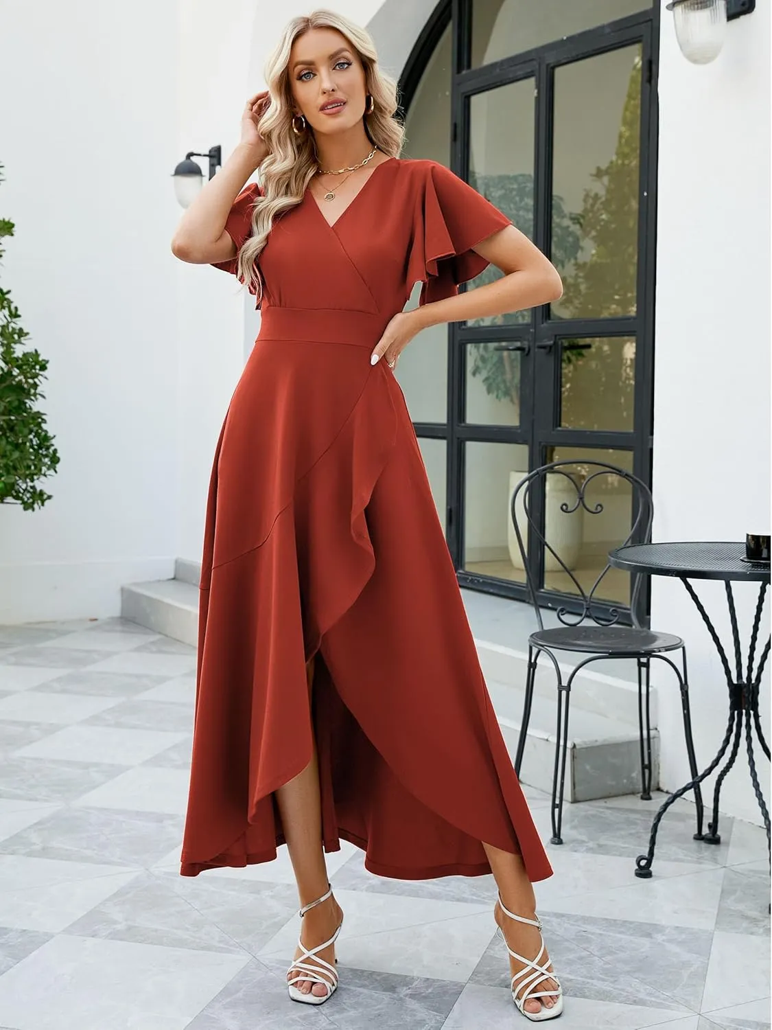 Long Black Formal Dresses for Women Gowns Evening Party Cocktail Dress,Split Elegant V Neck Wrap Ruffle Wedding Guest Dresses
