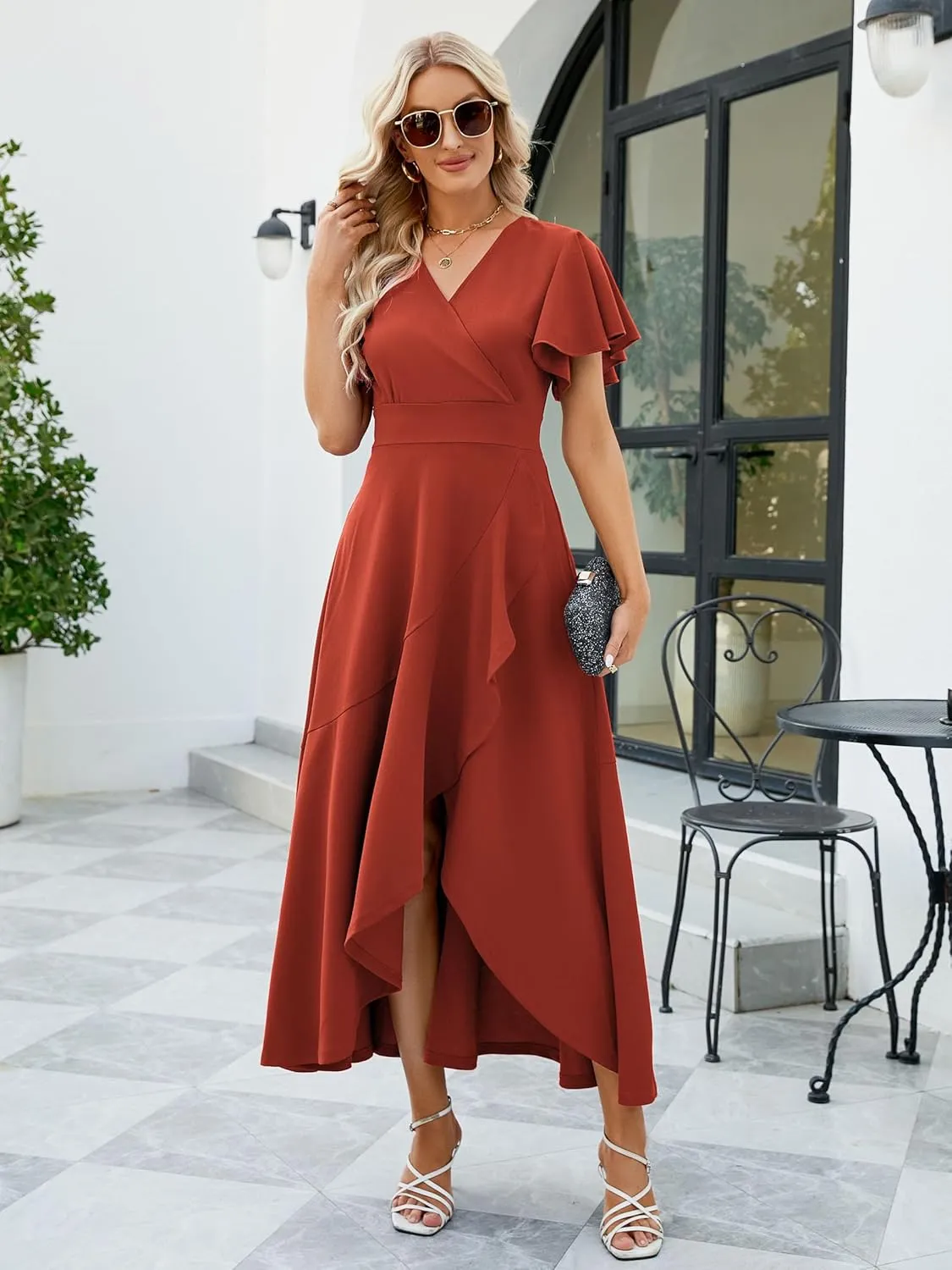 Long Black Formal Dresses for Women Gowns Evening Party Cocktail Dress,Split Elegant V Neck Wrap Ruffle Wedding Guest Dresses