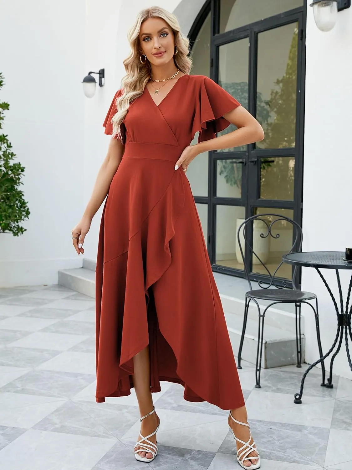Long Black Formal Dresses for Women Gowns Evening Party Cocktail Dress,Split Elegant V Neck Wrap Ruffle Wedding Guest Dresses