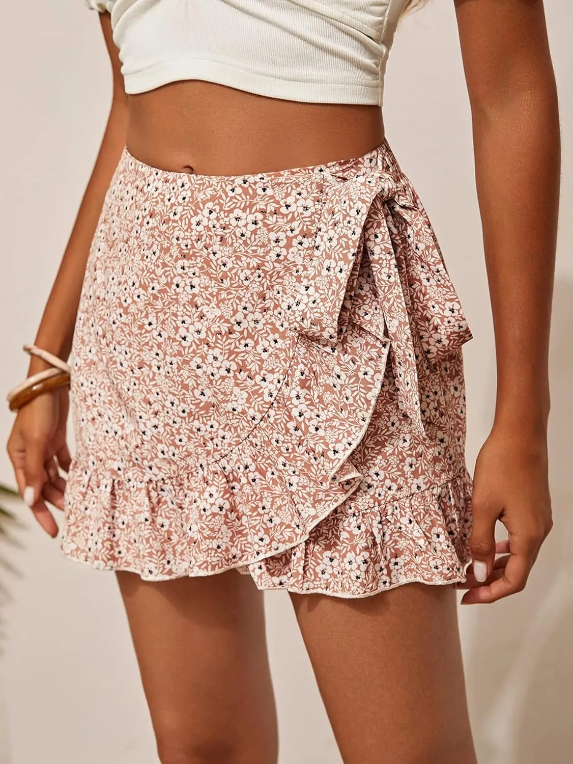 MakeMeChic Women's Boho Floral Print Elastic Waist Ruffle Wrap Tie Skorts Skirt Skorts