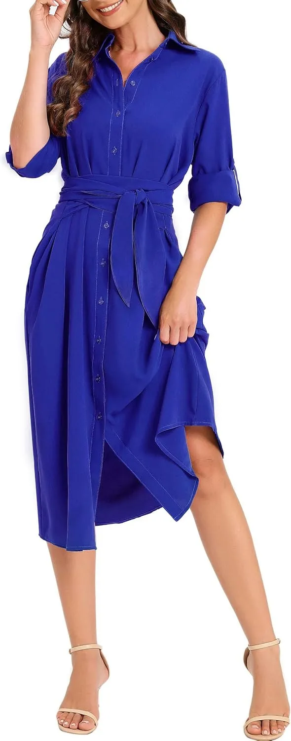 MANAIXUAN Women's Casual Flowy Tie Waist Button Down Long Sleeve Midi Shirt Dress