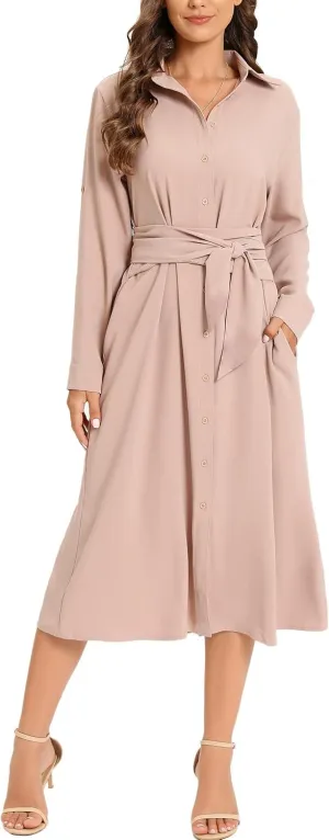MANAIXUAN Women's Casual Flowy Tie Waist Button Down Long Sleeve Midi Shirt Dress
