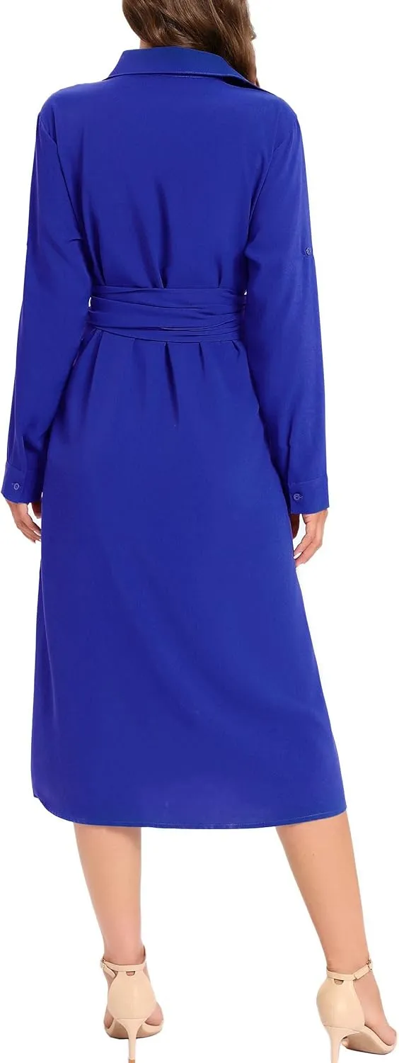 MANAIXUAN Women's Casual Flowy Tie Waist Button Down Long Sleeve Midi Shirt Dress