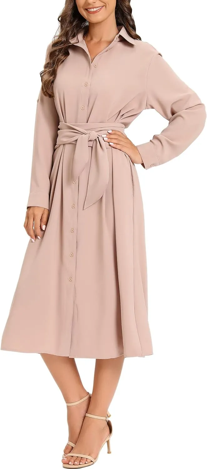 MANAIXUAN Women's Casual Flowy Tie Waist Button Down Long Sleeve Midi Shirt Dress