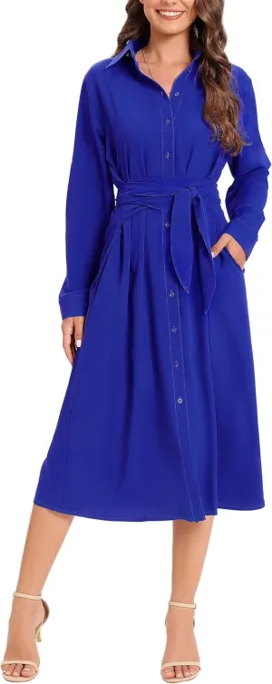 MANAIXUAN Women's Casual Flowy Tie Waist Button Down Long Sleeve Midi Shirt Dress