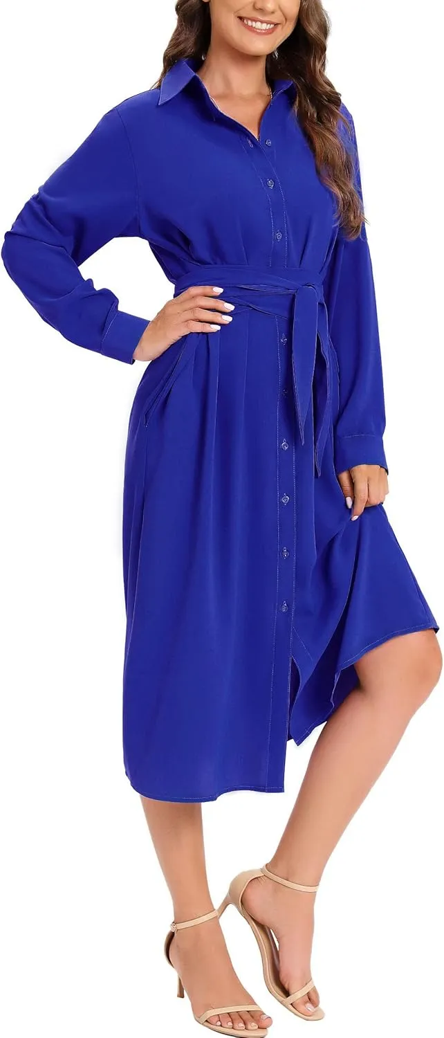 MANAIXUAN Women's Casual Flowy Tie Waist Button Down Long Sleeve Midi Shirt Dress