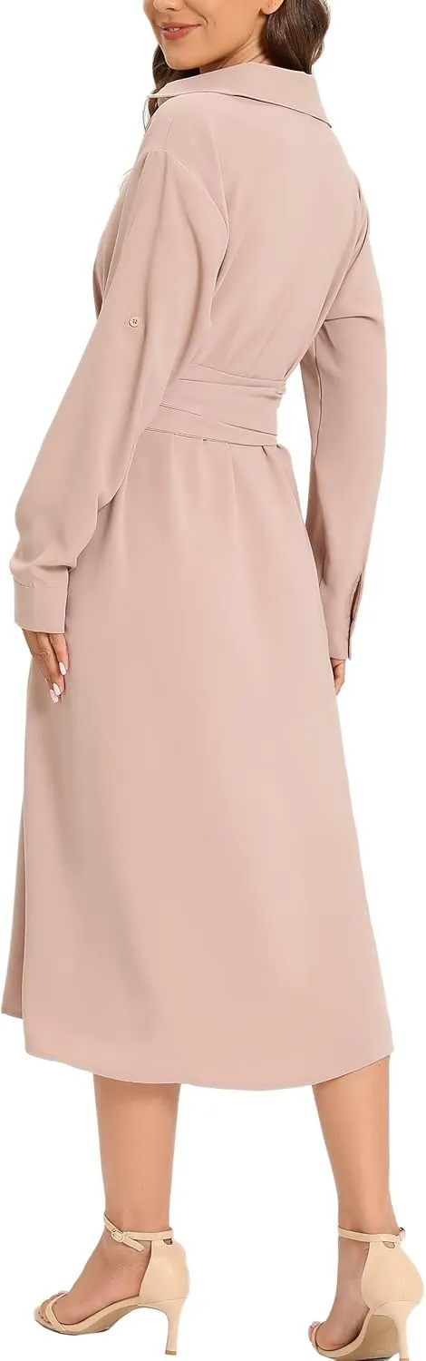 MANAIXUAN Women's Casual Flowy Tie Waist Button Down Long Sleeve Midi Shirt Dress