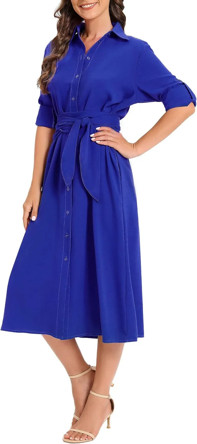 MANAIXUAN Women's Casual Flowy Tie Waist Button Down Long Sleeve Midi Shirt Dress