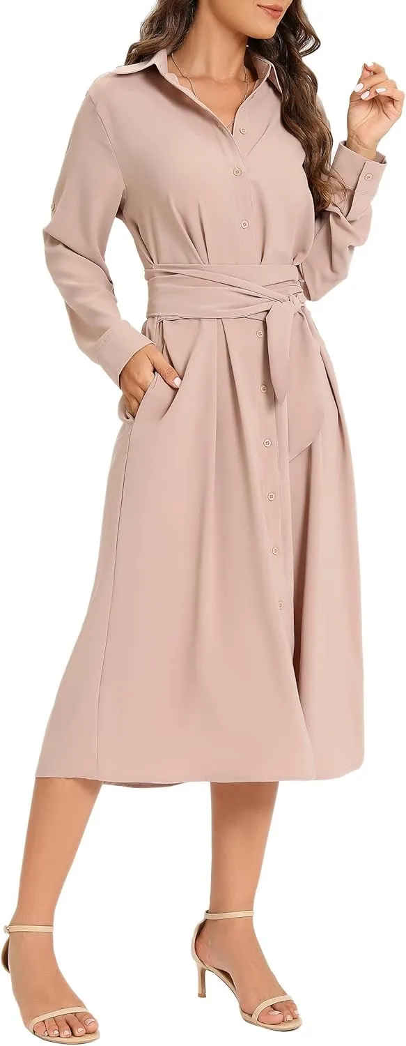 MANAIXUAN Women's Casual Flowy Tie Waist Button Down Long Sleeve Midi Shirt Dress