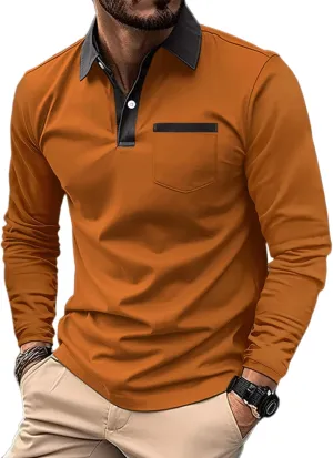 Mens Long Sleeve Polo Shirts Casual Cotton Polo T Shirt with Pocket Classic Button Collared Golf Shirt