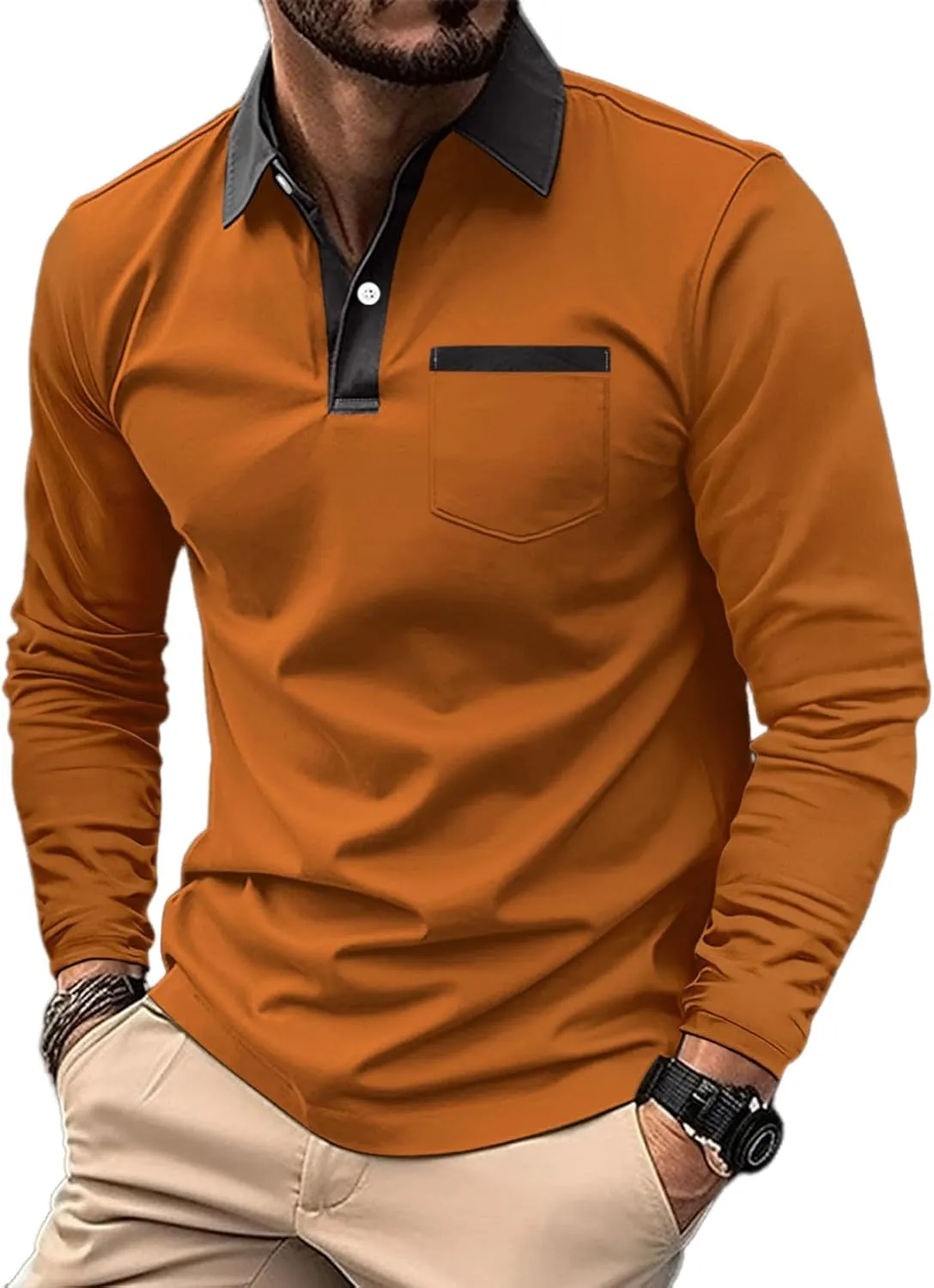 Mens Long Sleeve Polo Shirts Casual Cotton Polo T Shirt with Pocket Classic Button Collared Golf Shirt