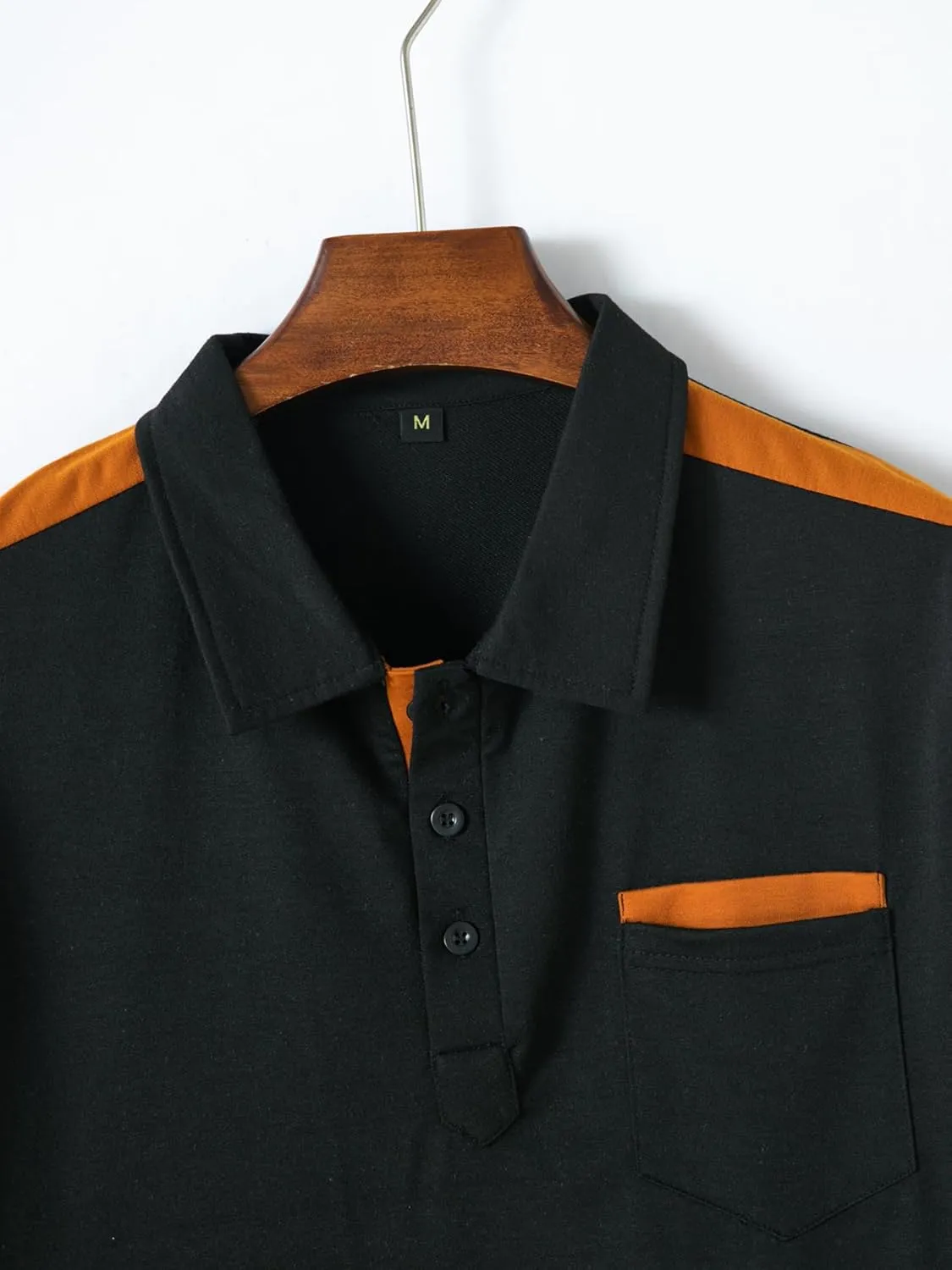 Mens Long Sleeve Polo Shirts Casual Cotton Polo T Shirt with Pocket Classic Button Collared Golf Shirt