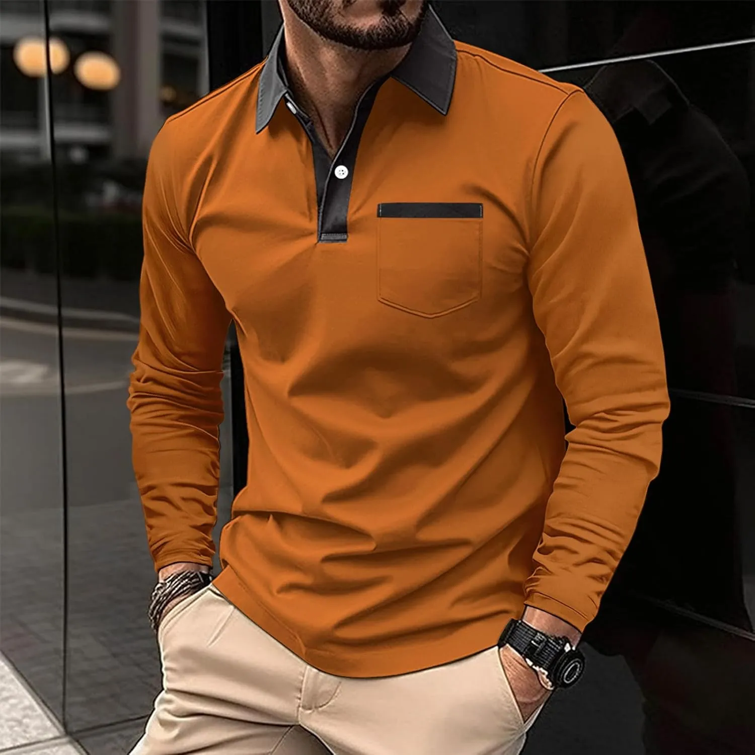 Mens Long Sleeve Polo Shirts Casual Cotton Polo T Shirt with Pocket Classic Button Collared Golf Shirt