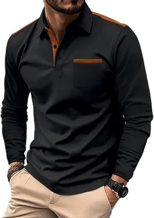 Mens Long Sleeve Polo Shirts Casual Cotton Polo T Shirt with Pocket Classic Button Collared Golf Shirt