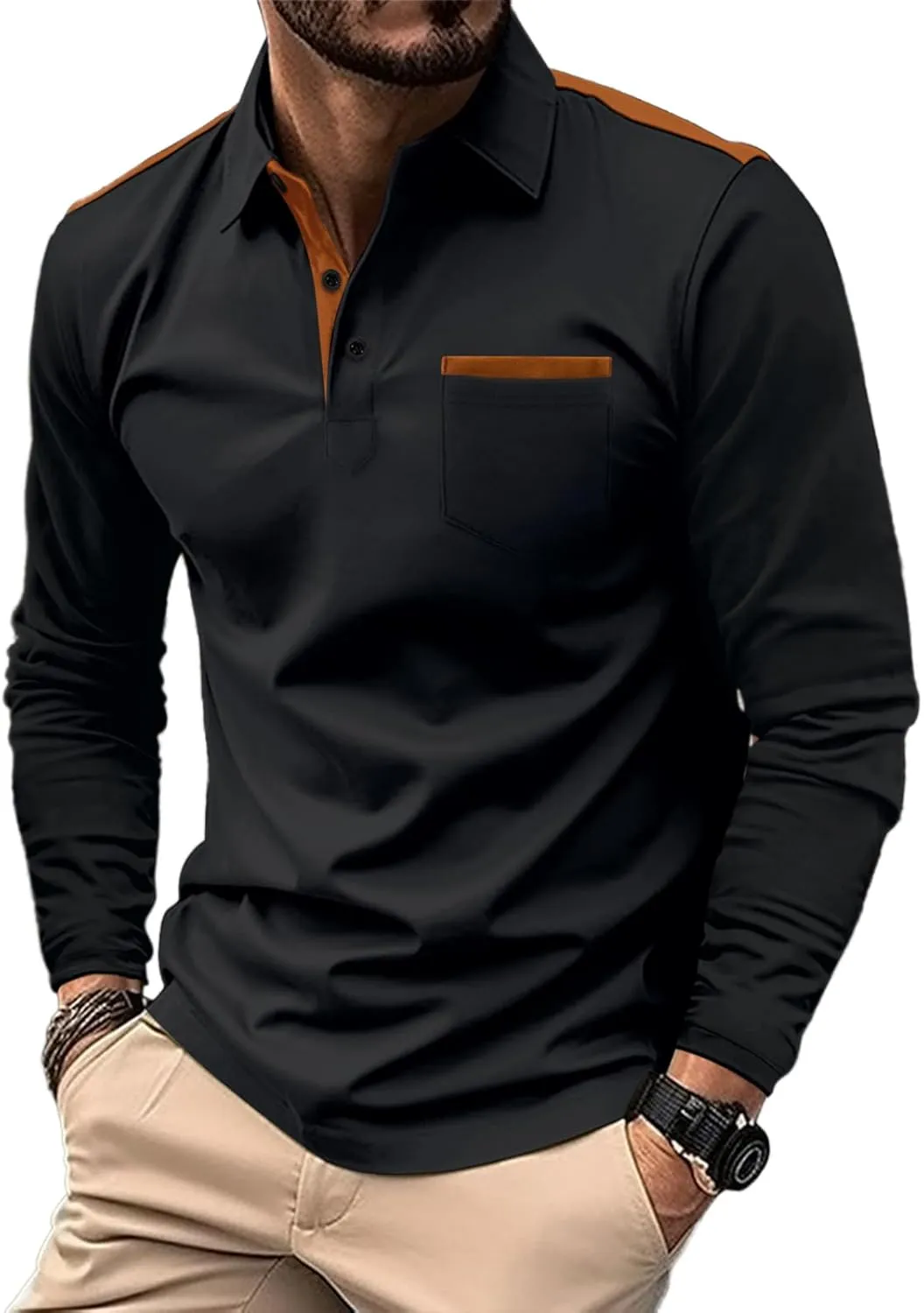 Mens Long Sleeve Polo Shirts Casual Cotton Polo T Shirt with Pocket Classic Button Collared Golf Shirt