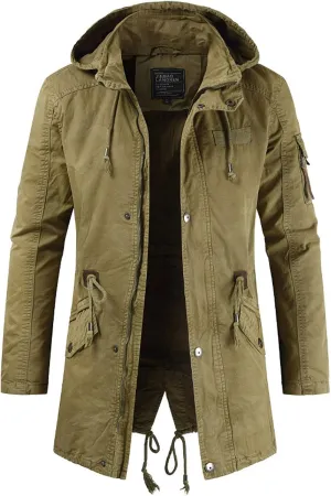 Men's Spring Military Full-Zip Removable Hooded Cotton Mid-Long Parka Jacket Coat Lightweight Cargo Outerwear