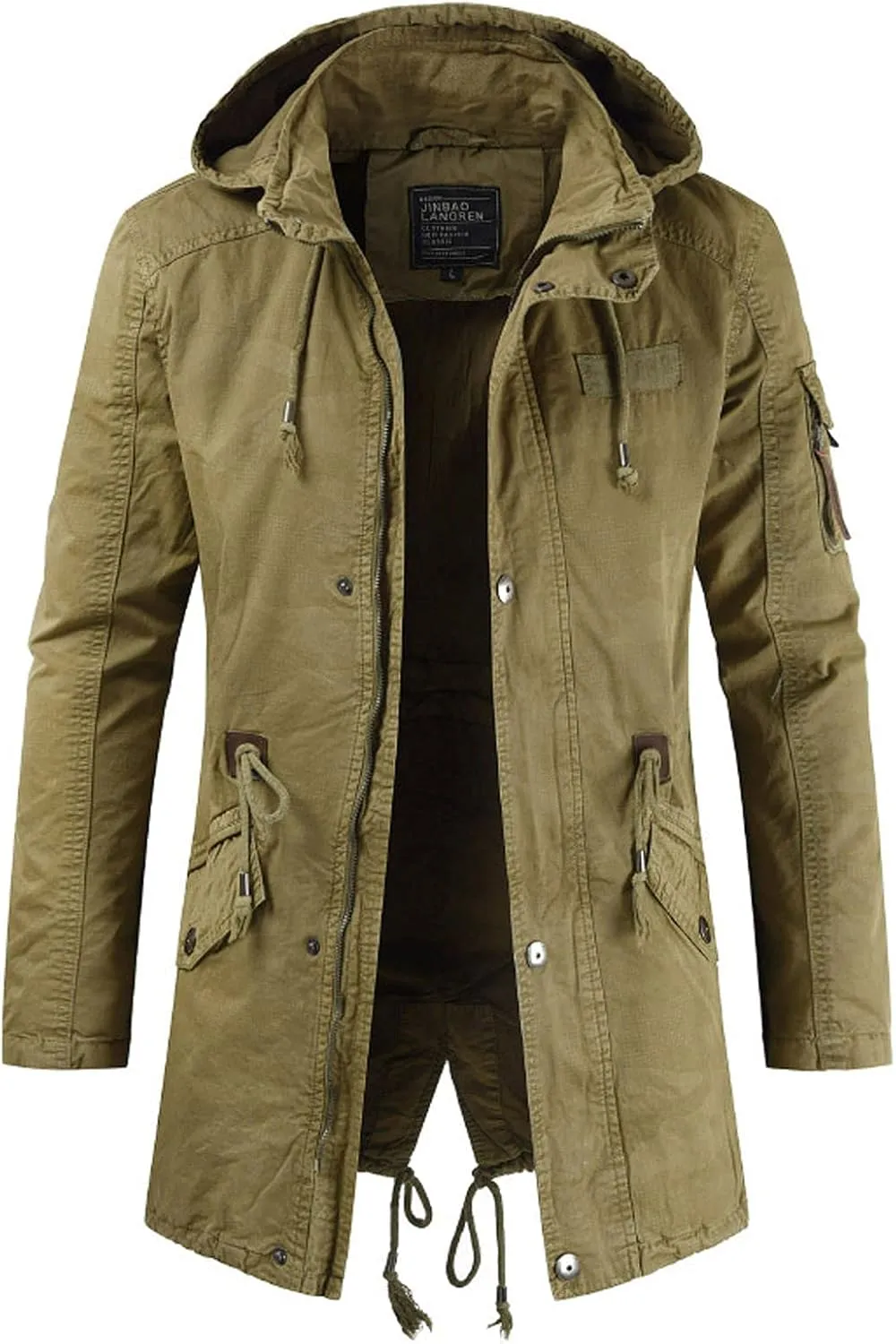 Men's Spring Military Full-Zip Removable Hooded Cotton Mid-Long Parka Jacket Coat Lightweight Cargo Outerwear
