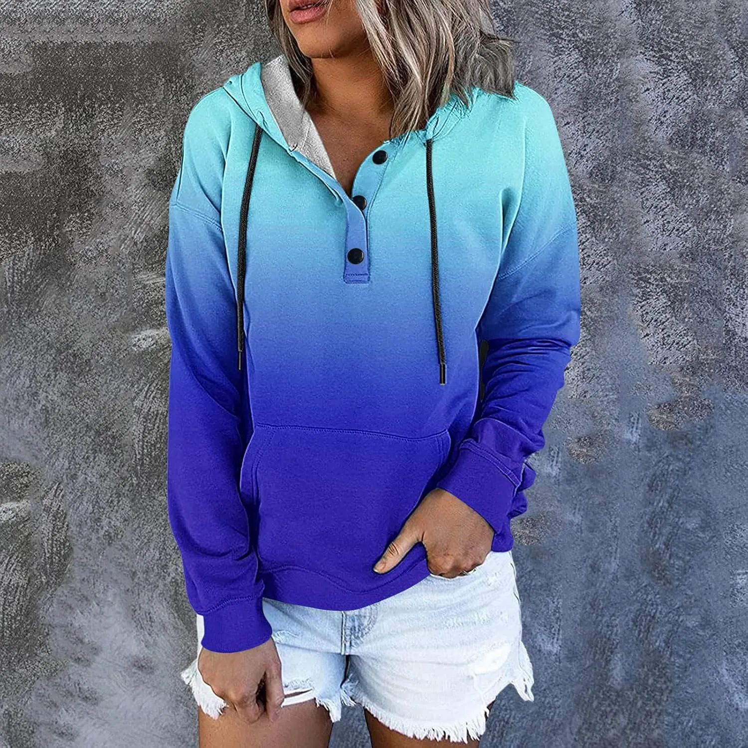 Muyise Womens 2023 Hooded Button Collar Drawstring Hoodies Pullover Sweatshirts Casual Long Sleeve Tops Shirts with Pocket