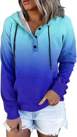 Muyise Womens 2023 Hooded Button Collar Drawstring Hoodies Pullover Sweatshirts Casual Long Sleeve Tops Shirts with Pocket