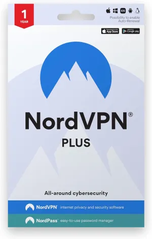 NordVPN Plus  1-Year - VPN & Cybersecurity Software Bundle  Protection Personal Information, Safely Manage Passwords - PC/Mac/Mobile [Activation Code via Mail]