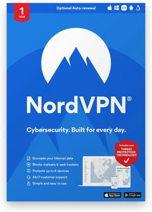 NordVPN Standard  1-Year VPN & Cybersecurity Software Subscription For 6 Devices - Block Malware, Malicious Links & Ads, Protect Personal Information | PC/Mac/Mobile | Activation Code via Mail