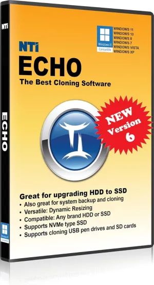 NTI Echo | NEW! Version 6 via Download | Disk Cloning & Migration Software | Make an exact copy of HDD or SSD with Dynamic Resizing | Permanent License (Not A 1-Year Subscription!)