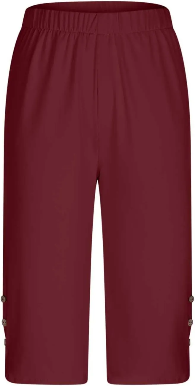 Oplxuo Capri Pants for Women Casual Summer Dressy Pull On Stretch High Waisted Buttons Slit Bottom Crop Work Leggings