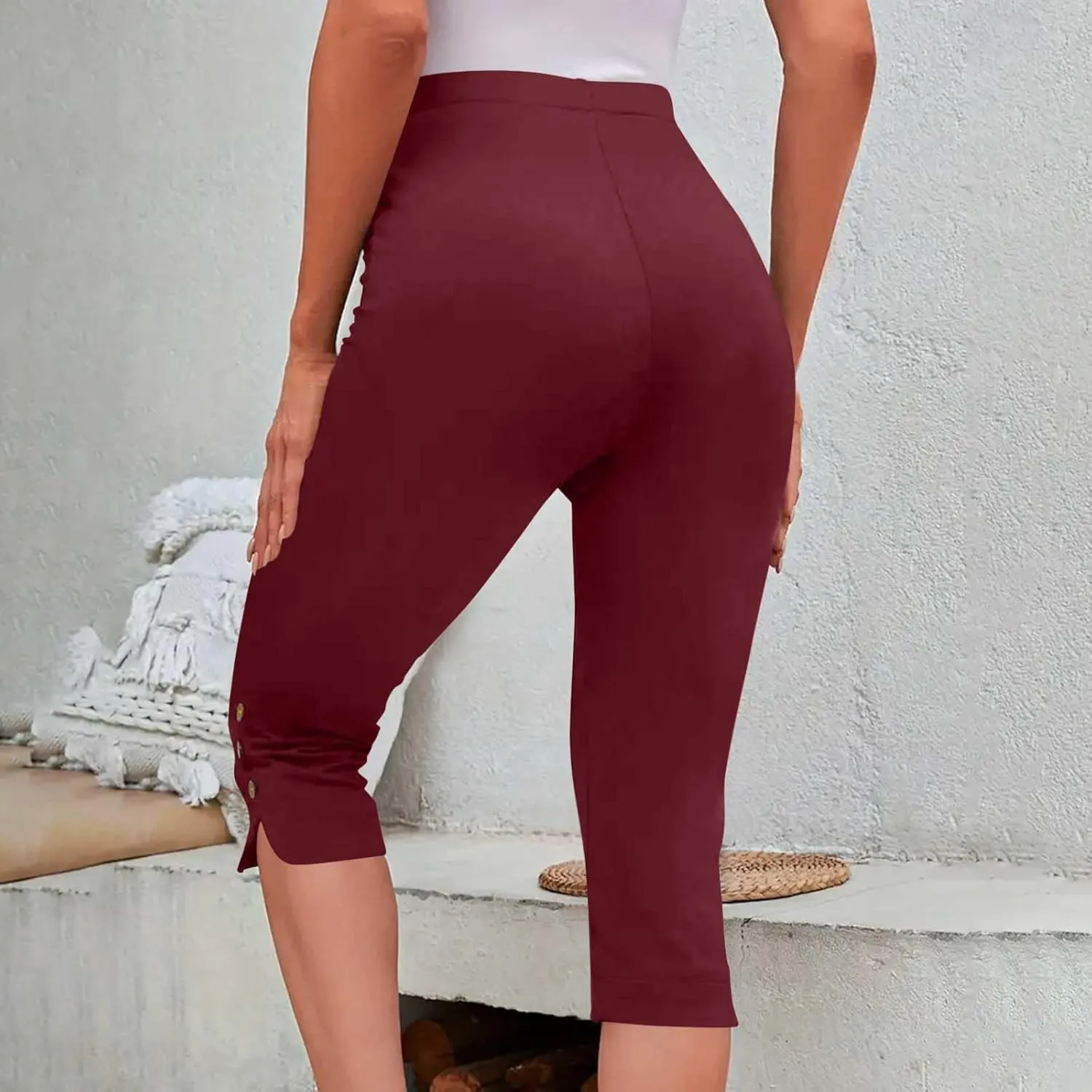 Oplxuo Capri Pants for Women Casual Summer Dressy Pull On Stretch High Waisted Buttons Slit Bottom Crop Work Leggings